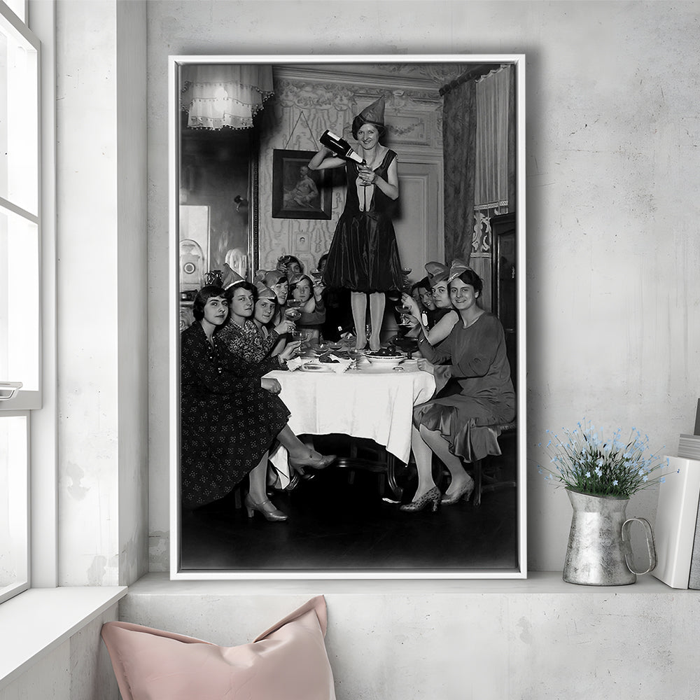 Women Drinking Wine Print, Black and White, Cocktail Wall Art, Bar Decor, Floating Framed Canvas Print