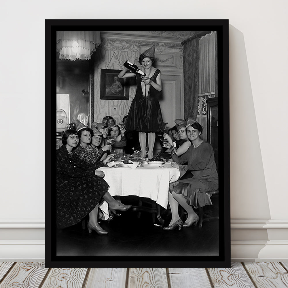 Women Drinking Wine Print, Black and White, Cocktail Wall Art, Bar Decor, Floating Framed Canvas Print