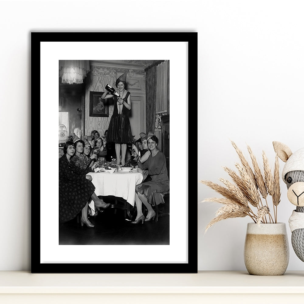 Women Drinking Wine Print, Black and White, Cocktail Wall Art, Feminist Print, Framed Art Print White Border Wall Decor