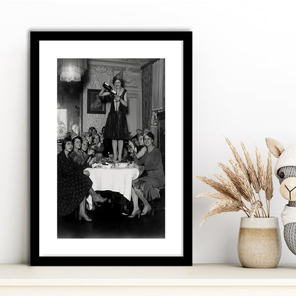 Women Drinking Wine Print, Black and White, Cocktail Wall Art, Feminist Print, Framed Art Print White Border Wall Decor