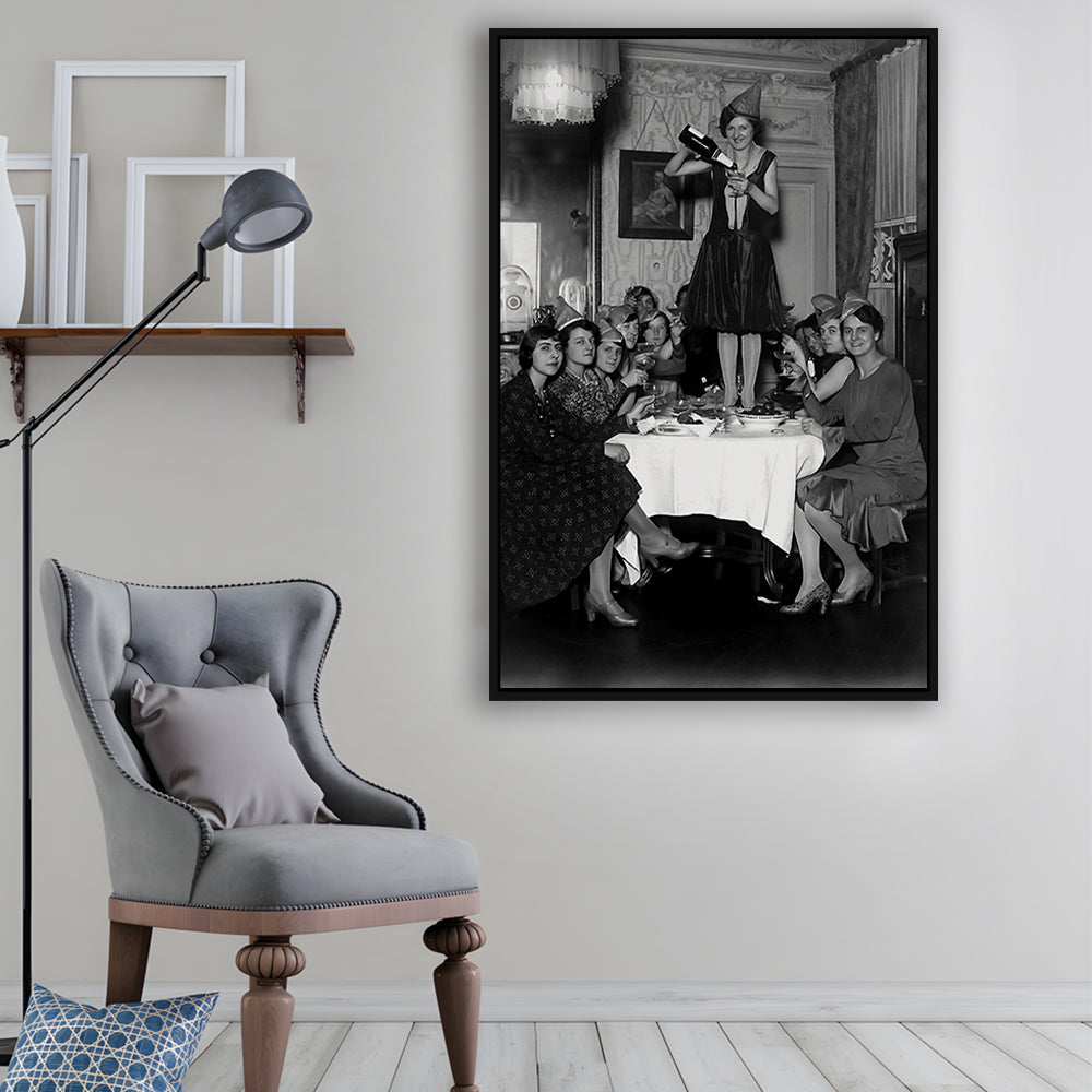 Women Drinking Wine Print, Black and White, Cocktail Wall Art, Bar Decor, Floating Framed Canvas Print
