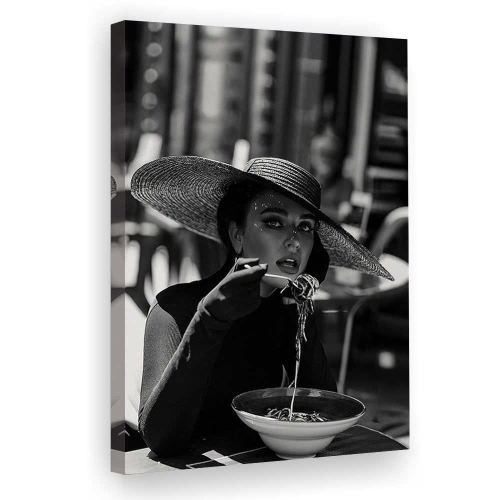 Women Eating Pasta in Italy, Black and White, Kitchen Wall Art, Dining Room Decor, Canvas Print Wall Art