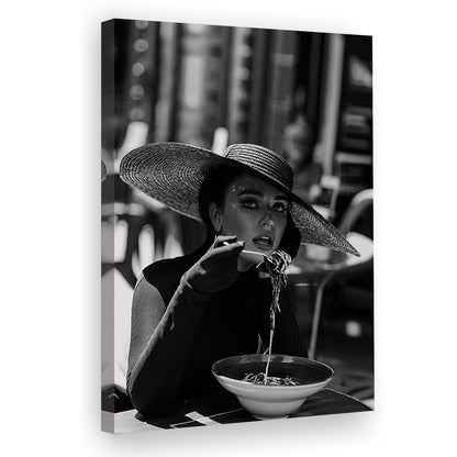 Women Eating Pasta in Italy, Black and White, Kitchen Wall Art, Dining Room Decor, Canvas Print Wall Art