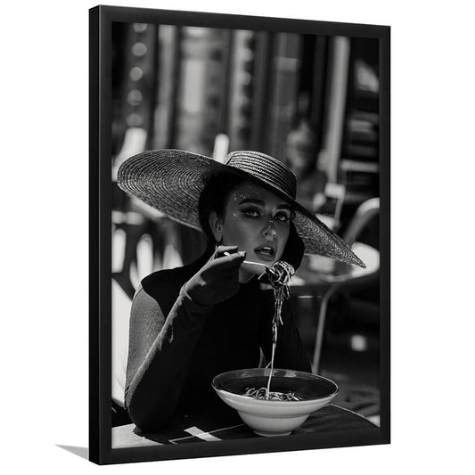Women Eating Pasta in Italy Print, Black and White, Kitchen Wall Art, Dining Room Decor, Framed Art Print Wall Decor