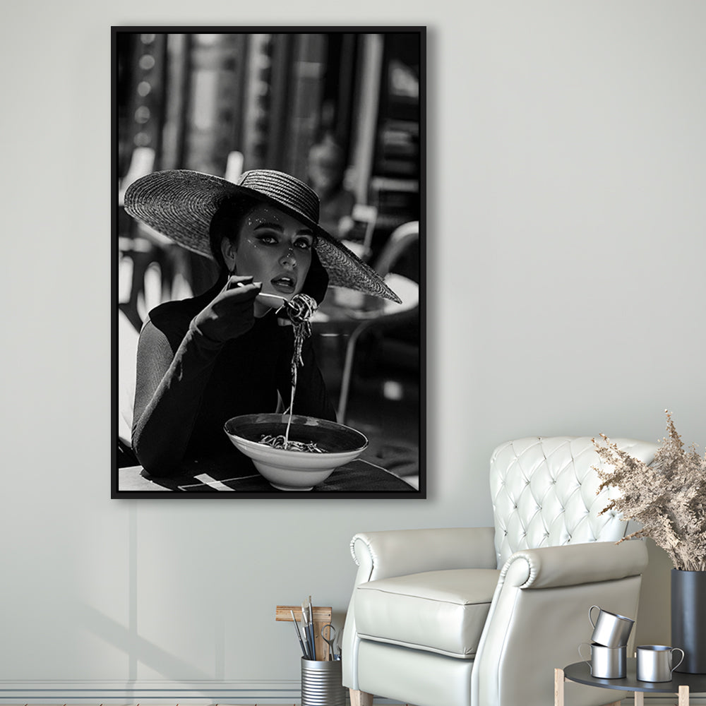Women Eating Pasta in Italy Print, Black and White, Dining Room Decor, Floating Framed Canvas Print