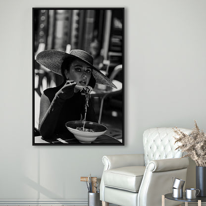 Women Eating Pasta in Italy Print, Black and White, Dining Room Decor, Floating Framed Canvas Print