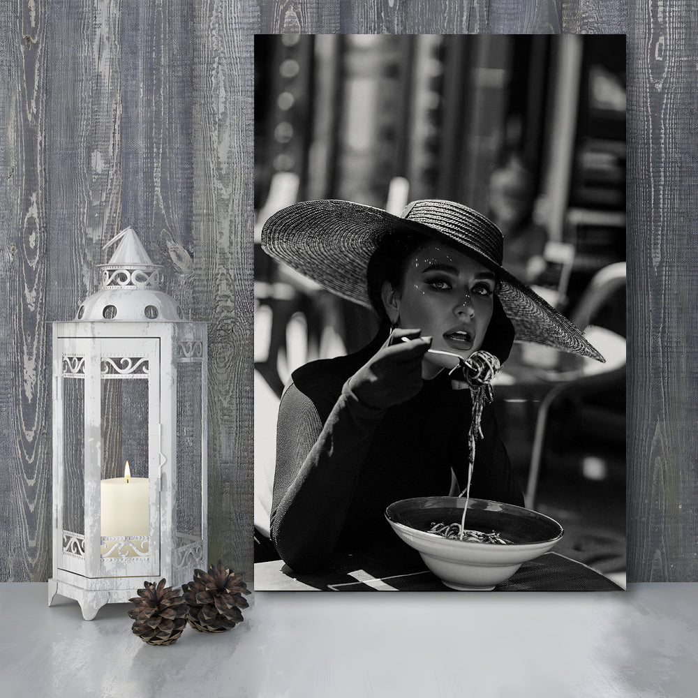 Women Eating Pasta in Italy, Black and White, Kitchen Wall Art, Dining Room Decor, Canvas Print Wall Art