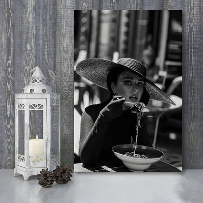 Women Eating Pasta in Italy, Black and White, Kitchen Wall Art, Dining Room Decor, Canvas Print Wall Art