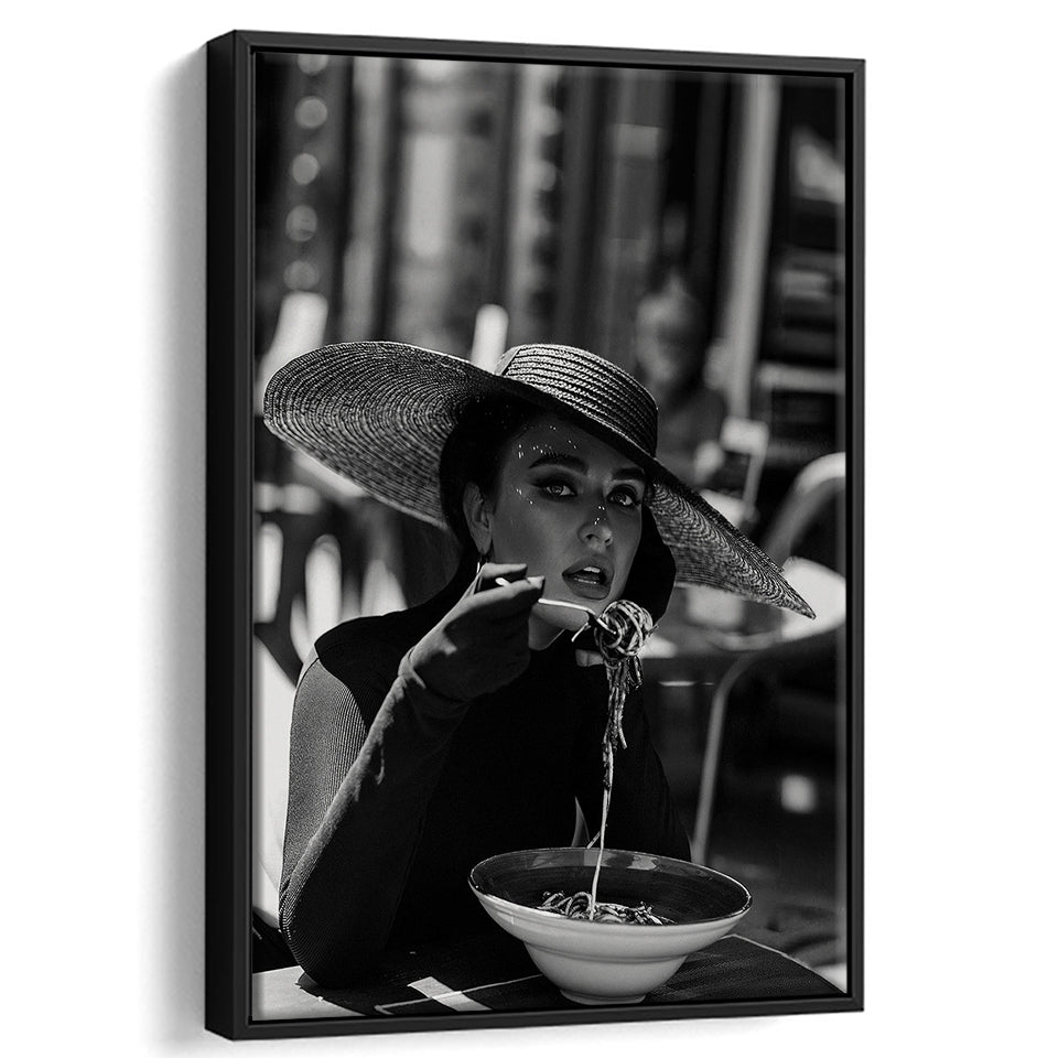 Women Eating Pasta in Italy Print, Black and White, Dining Room Decor, Floating Framed Canvas Print