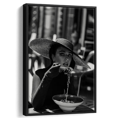 Women Eating Pasta in Italy Print, Black and White, Dining Room Decor, Floating Framed Canvas Print