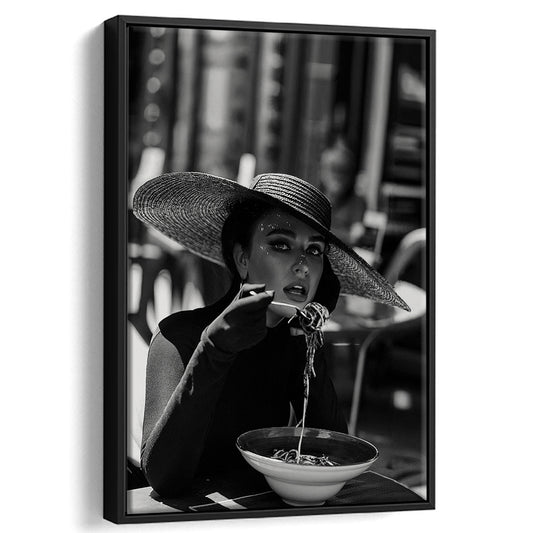 Women Eating Pasta in Italy Print, Black and White, Dining Room Decor, Floating Framed Canvas Print