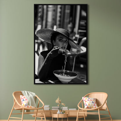 Women Eating Pasta in Italy Print, Black and White, Dining Room Decor, Floating Framed Canvas Print