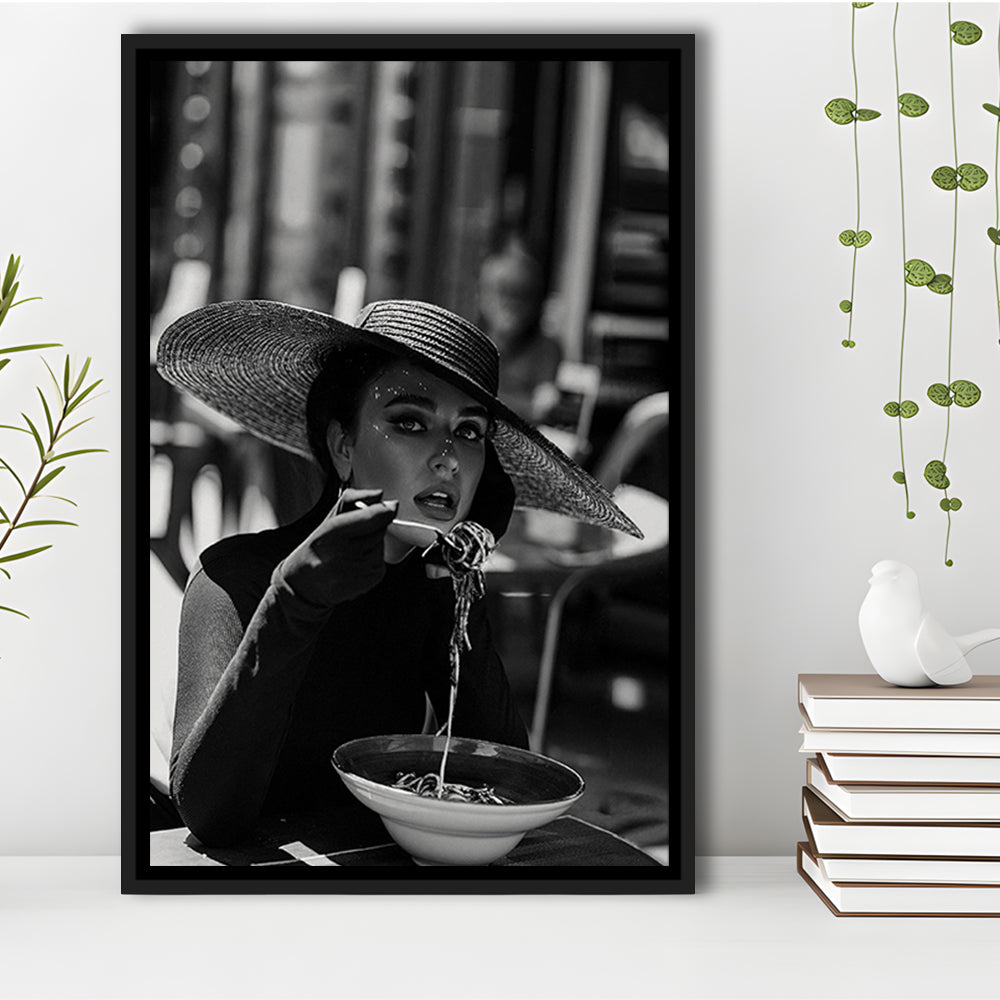 Women Eating Pasta in Italy Print, Black and White, Dining Room Decor, Floating Framed Canvas Print