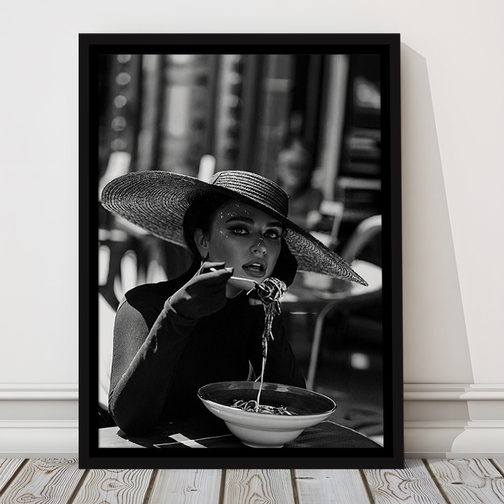 Women Eating Pasta in Italy Print, Black and White, Dining Room Decor, Floating Framed Canvas Print