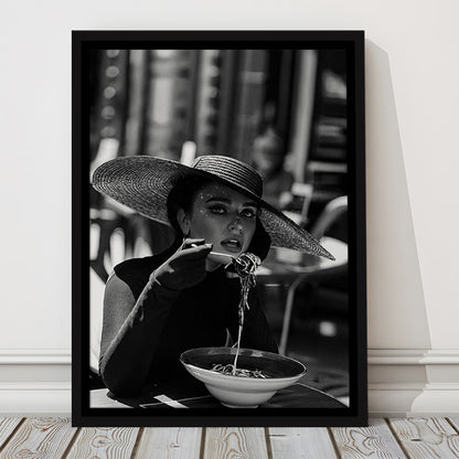 Women Eating Pasta in Italy Print, Black and White, Dining Room Decor, Floating Framed Canvas Print