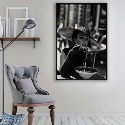 Women Eating Pasta in Italy Print, Black and White, Dining Room Decor, Floating Framed Canvas Print