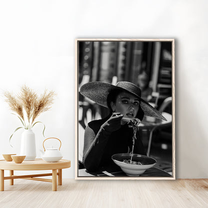 Women Eating Pasta in Italy Print, Black and White, Dining Room Decor, Floating Framed Canvas Print
