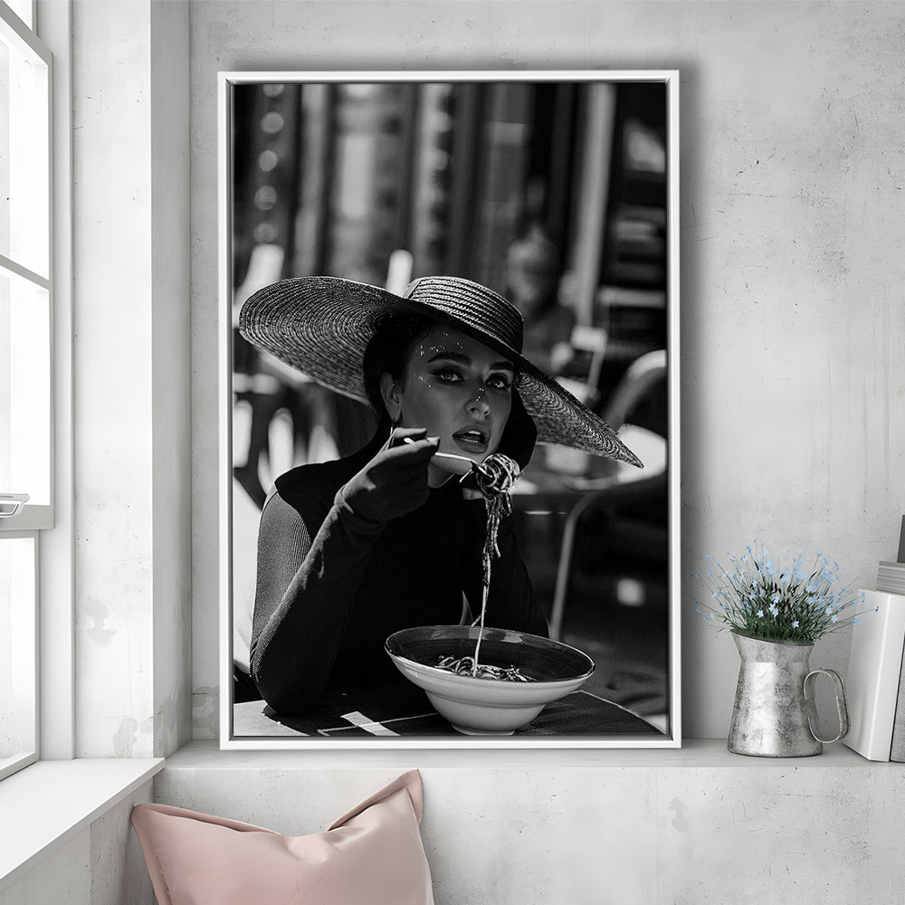 Women Eating Pasta in Italy Print, Black and White, Dining Room Decor, Floating Framed Canvas Print