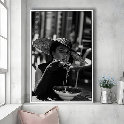 Women Eating Pasta in Italy Print, Black and White, Dining Room Decor, Floating Framed Canvas Print