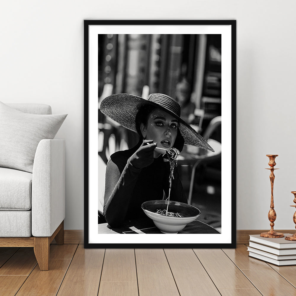 Women Eating Pasta in Italy Print, Black and White, Kitchen Wall Art, Framed Art Print White Border Wall Decor