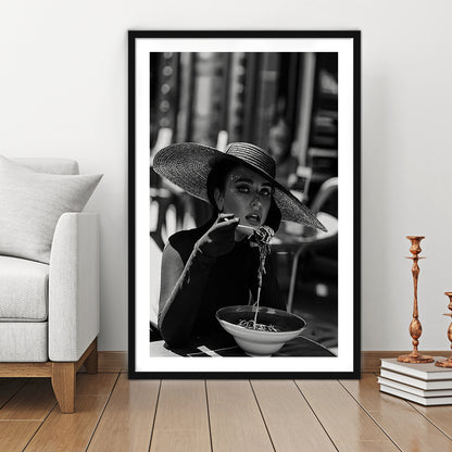 Women Eating Pasta in Italy Print, Black and White, Kitchen Wall Art, Framed Art Print White Border Wall Decor