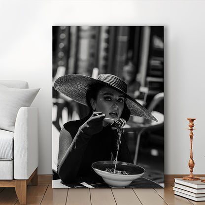 Women Eating Pasta in Italy, Black and White, Kitchen Wall Art, Dining Room Decor, Canvas Print Wall Art