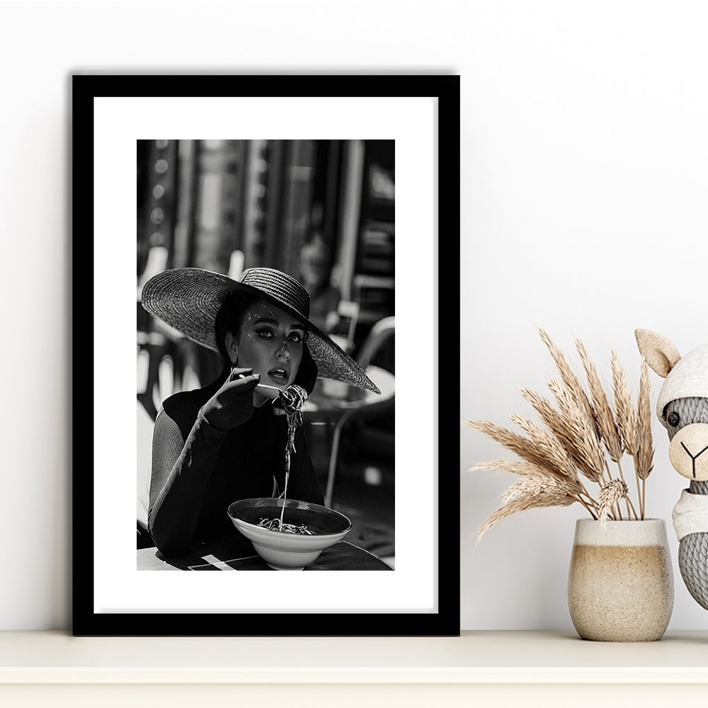 Women Eating Pasta in Italy Print, Black and White, Kitchen Wall Art, Framed Art Print White Border Wall Decor