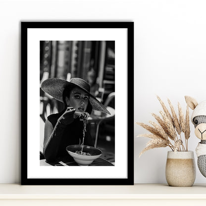Women Eating Pasta in Italy Print, Black and White, Kitchen Wall Art, Framed Art Print White Border Wall Decor