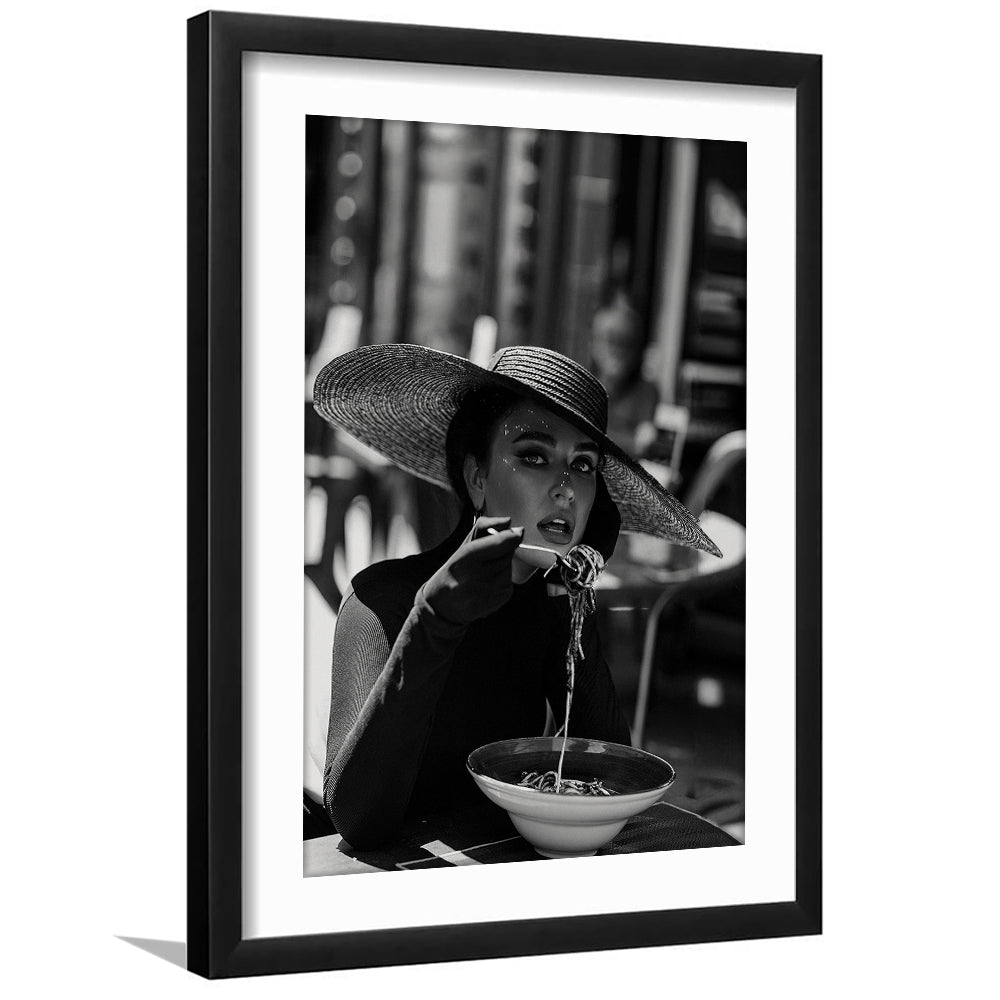 Women Eating Pasta in Italy Print, Black and White, Kitchen Wall Art, Framed Art Print White Border Wall Decor