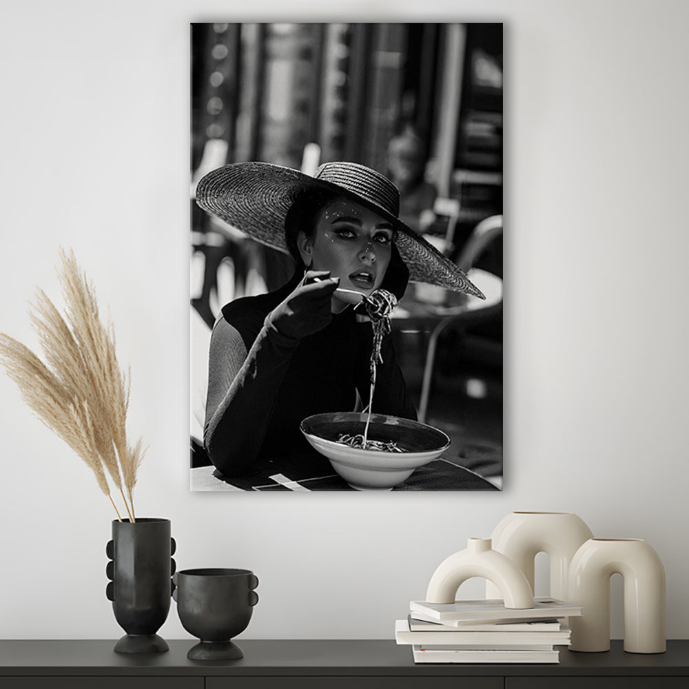 Women Eating Pasta in Italy, Black and White, Kitchen Wall Art, Dining Room Decor, Canvas Print Wall Art