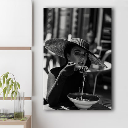 Women Eating Pasta in Italy, Black and White, Kitchen Wall Art, Dining Room Decor, Canvas Print Wall Art