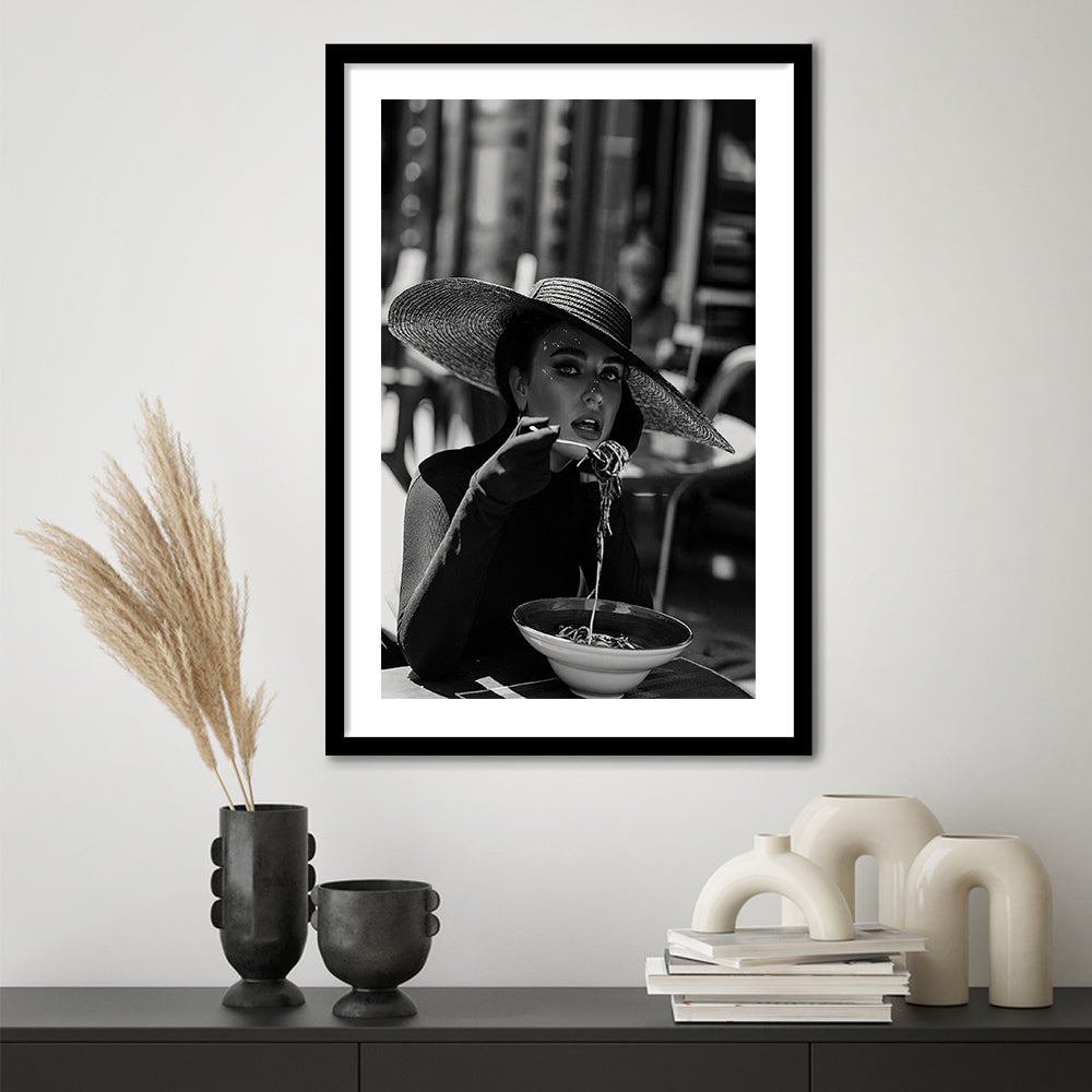 Women Eating Pasta in Italy Print, Black and White, Kitchen Wall Art, Framed Art Print White Border Wall Decor