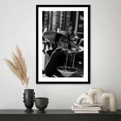 Women Eating Pasta in Italy Print, Black and White, Kitchen Wall Art, Framed Art Print White Border Wall Decor