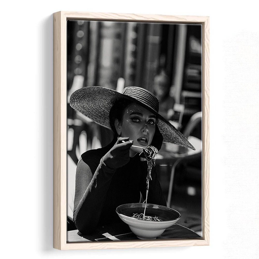 Women Eating Pasta in Italy Print, Black and White, Dining Room Decor, Floating Framed Canvas Print