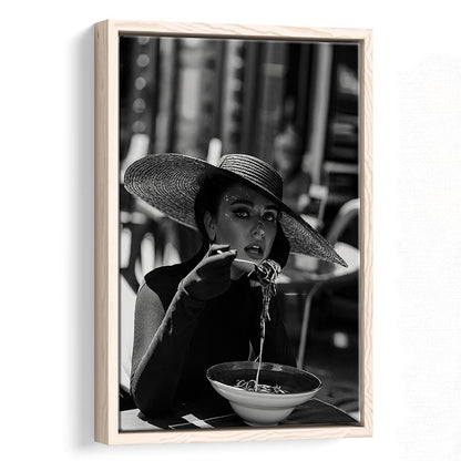 Women Eating Pasta in Italy Print, Black and White, Dining Room Decor, Floating Framed Canvas Print