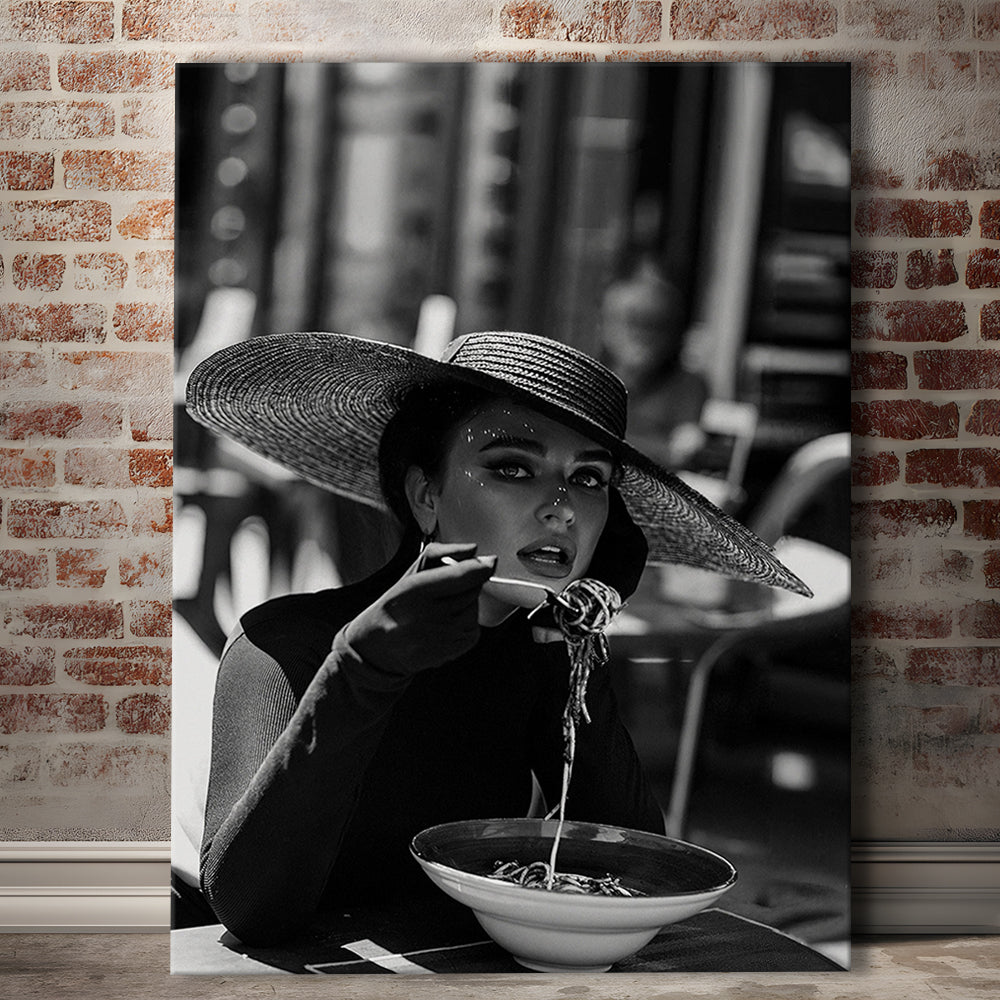 Women Eating Pasta in Italy, Black and White, Kitchen Wall Art, Dining Room Decor, Canvas Print Wall Art