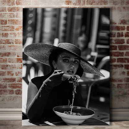 Women Eating Pasta in Italy, Black and White, Kitchen Wall Art, Dining Room Decor, Canvas Print Wall Art