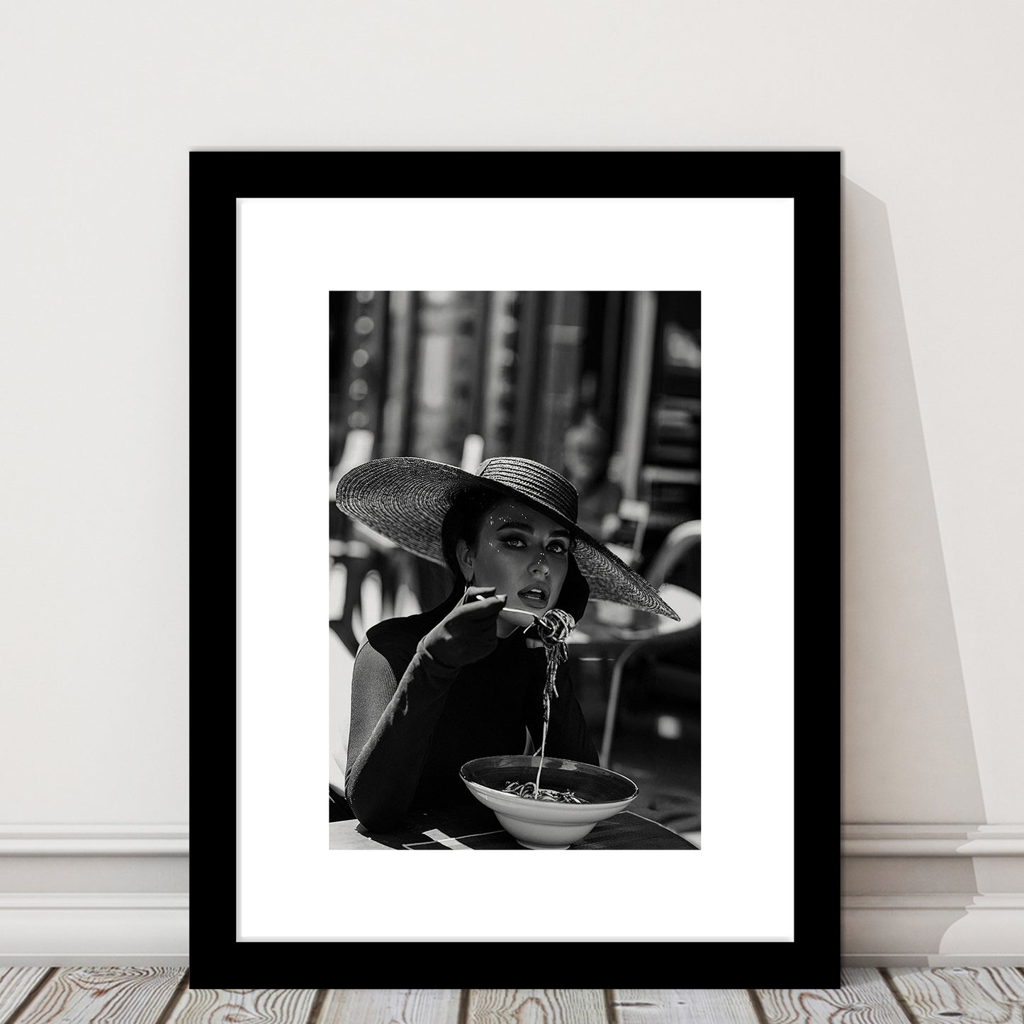 Women Eating Pasta in Italy Print, Black and White, Kitchen Wall Art, Framed Art Print White Border Wall Decor