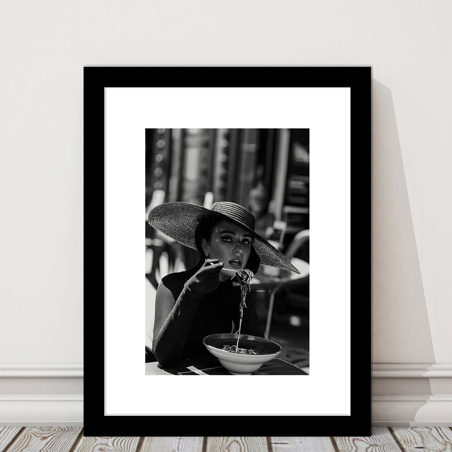 Women Eating Pasta in Italy Print, Black and White, Kitchen Wall Art, Framed Art Print White Border Wall Decor