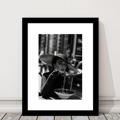 Women Eating Pasta in Italy Print, Black and White, Kitchen Wall Art, Framed Art Print White Border Wall Decor