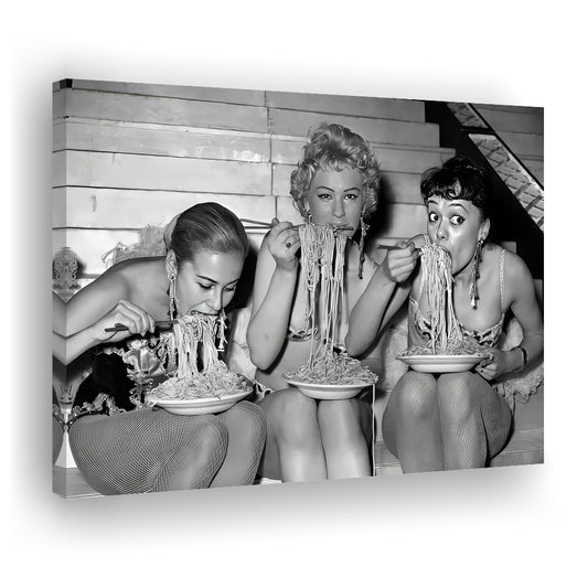 Women Eating Spaghetti With Chopsticks Canvas Print Wall Art, Black and White Photo, Vintage Wall Decor