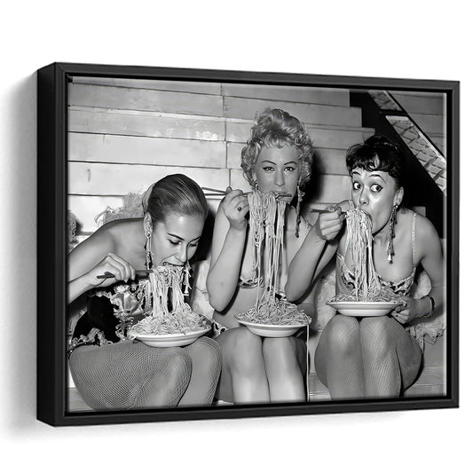 Women Eating Spaghetti With Chopsticks Framed Canvas Print Wall Art, Black and White Photo, Vintage Wall Decor