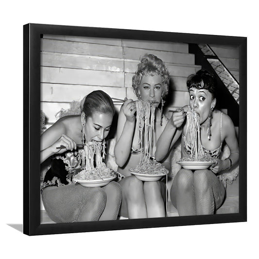 Women Eating Spaghetti With Chopsticks Framed Art Print Wall Decor, Black and White Photo, Vintage Wall Decor