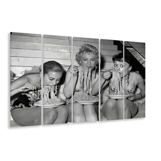 Women Eating Spaghetti With Chopsticks 5 Panels Canvas Print Wall Art, Black and White Photo, Vintage Wall Decor
