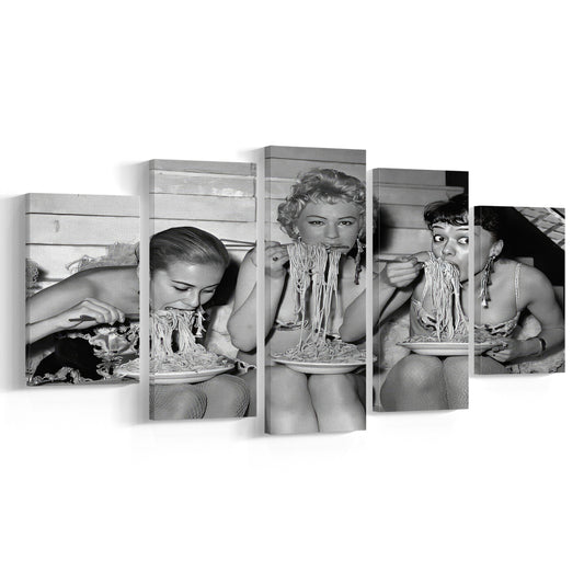 Women Eating Spaghetti With Chopsticks Mixed Canvas Print Wall Art, Black and White Photo, Vintage Wall Decor