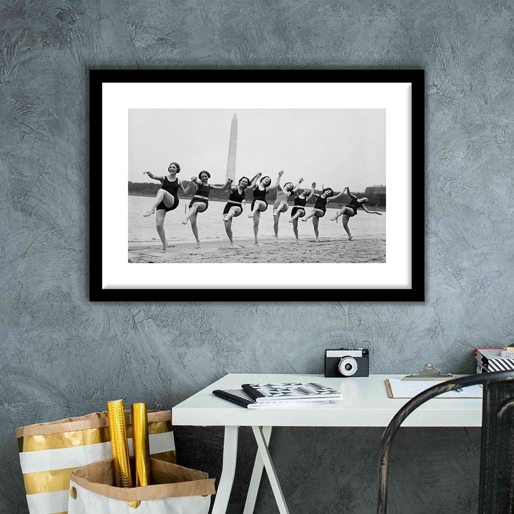 Women Having Fun Black and White Art Tidal Basin Washington DC, Framed Art Print White Border Wall Decor