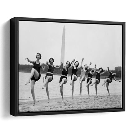 Women Having Fun Black and White Art Tidal Basin Washington DC, Floating Framed Canvas Print