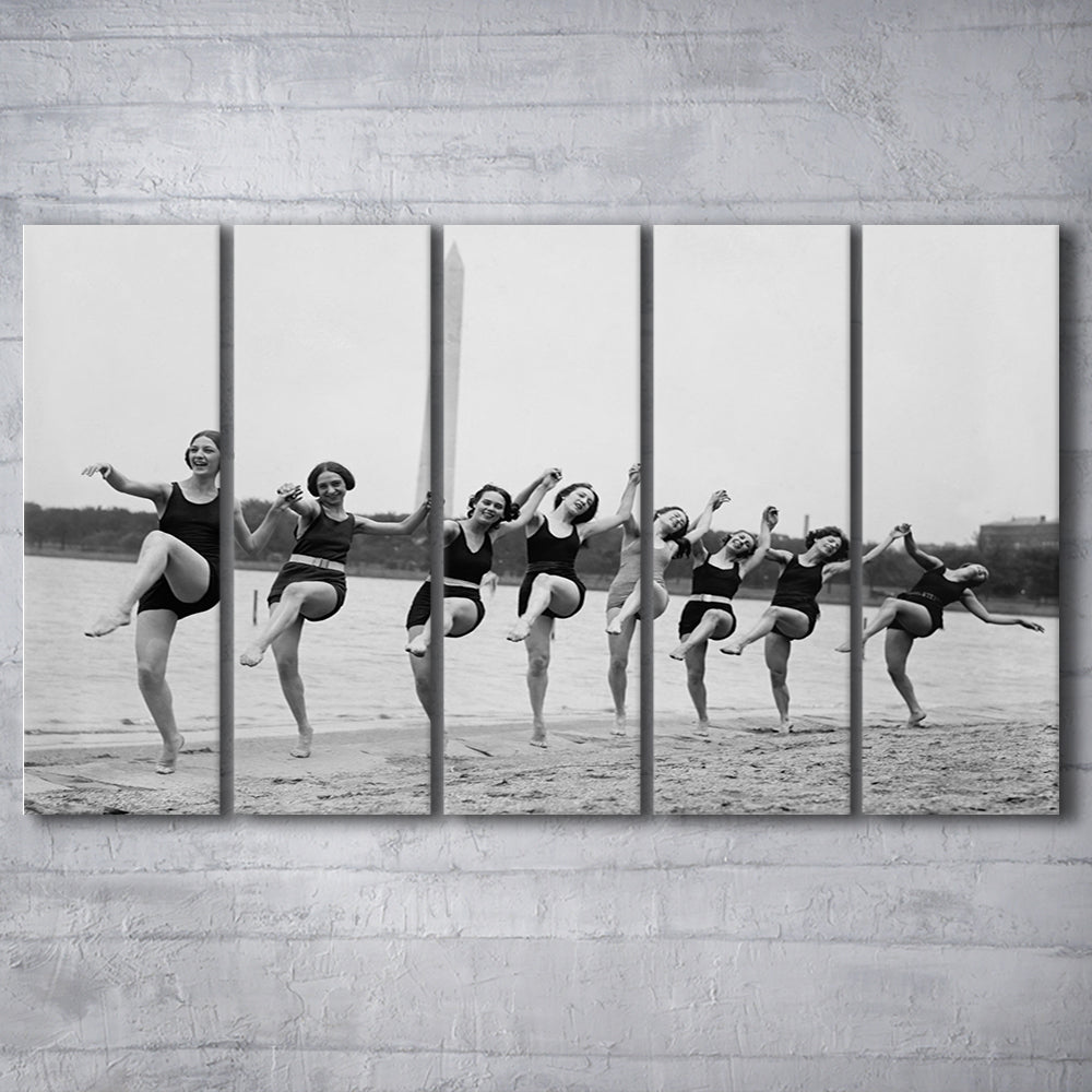 Women Having Fun Black and White Art Tidal Basin Washington DC, 5 Pieces Large Canvas Print