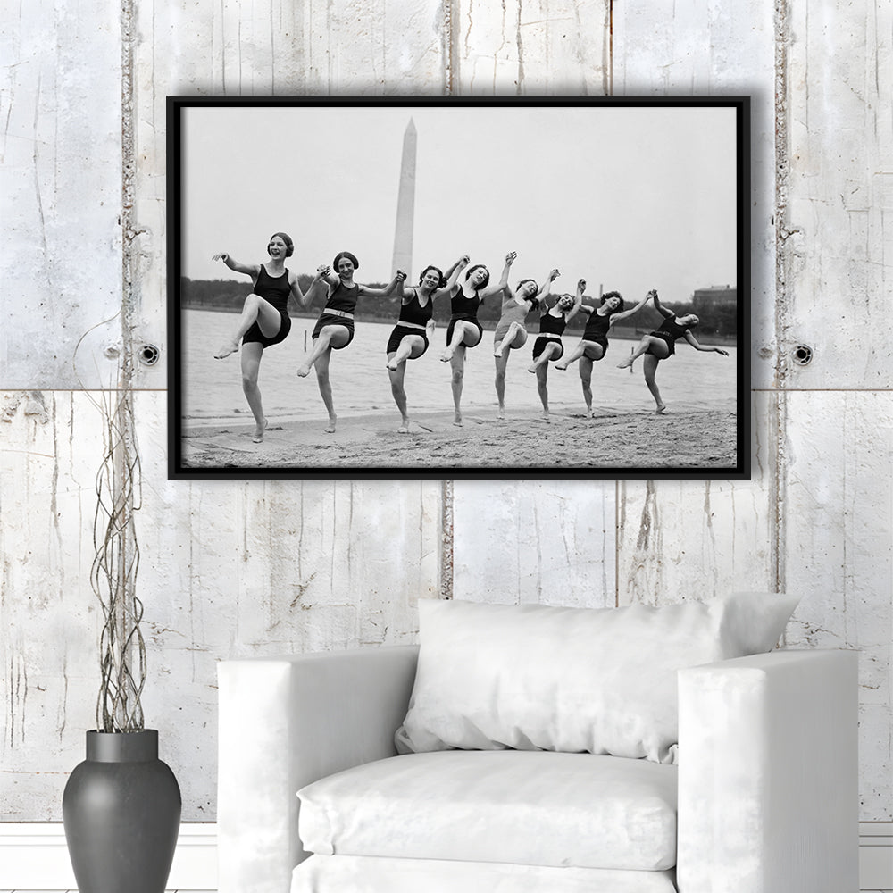 Women Having Fun Black and White Art Tidal Basin Washington DC, Floating Framed Canvas Print