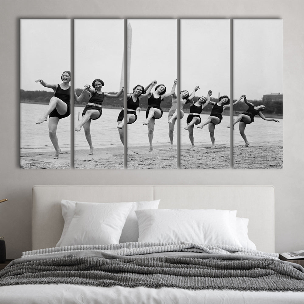 Women Having Fun Black and White Art Tidal Basin Washington DC, 5 Pieces Large Canvas Print